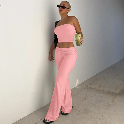 Women's Clothing 2025 Spring Fashion New Item Solid Color Strapless Top Flared Pants Fashionable Slim Fit Sports Suit for Women