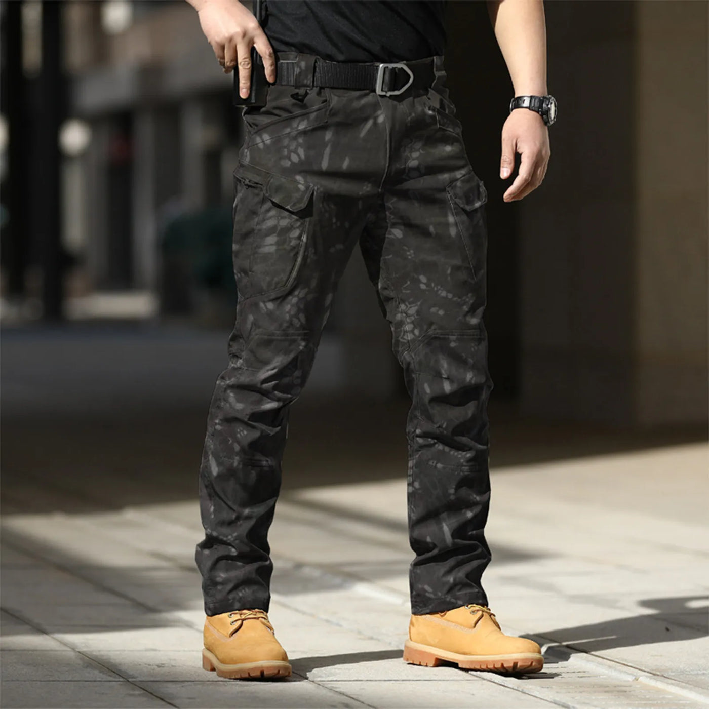 Men Solid Color Casual Cargo Multi Pocket Long Pants Outdoor Hiking Camping Climbing Stretch Waterproof Trousers