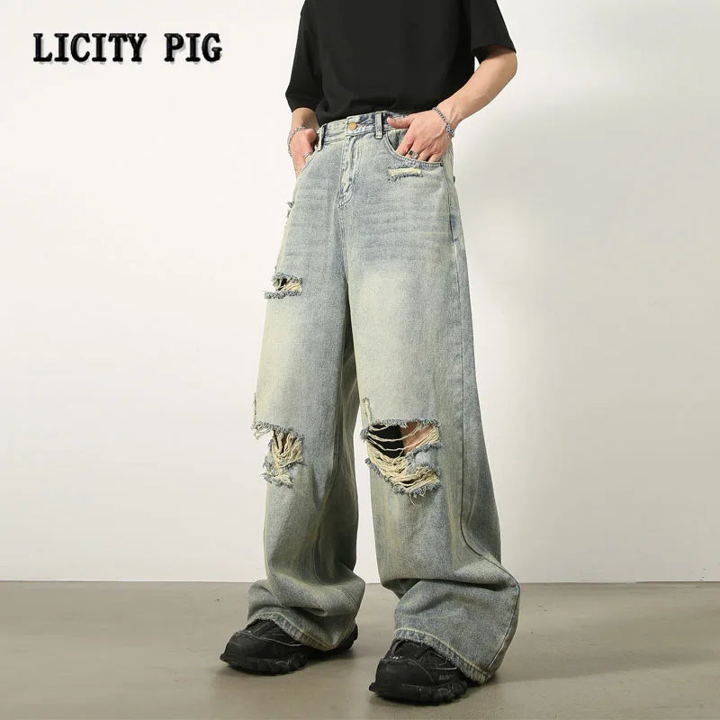 Loose Ripped Jeans Men Blue Baggy jeans For Men High End Wide Leg Pants Soft Denim Jeans Summer Streetwear Fashion Mens Trousers