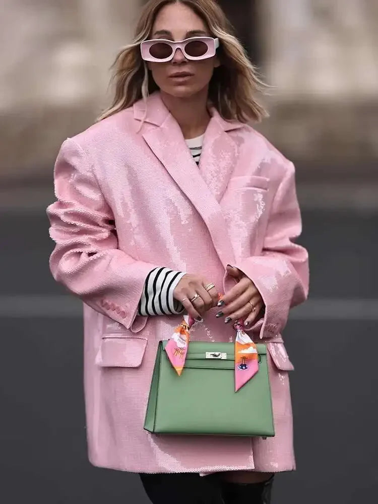 DEAT Fashion Women's Blazer Notched Collar Double Breasted Sequins Full Sleeves Pink Suit Jackets Autumn 2025 New Tide 7AB643