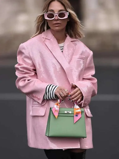 DEAT Fashion Women's Blazer Notched Collar Double Breasted Sequins Full Sleeves Pink Suit Jackets Autumn 2025 New Tide 7AB643