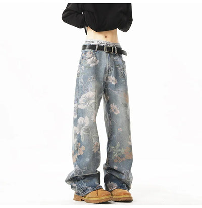 Printed denim jeans men American hip-hop High quality men women trendy retro floral print straight leg loose wide casual pants