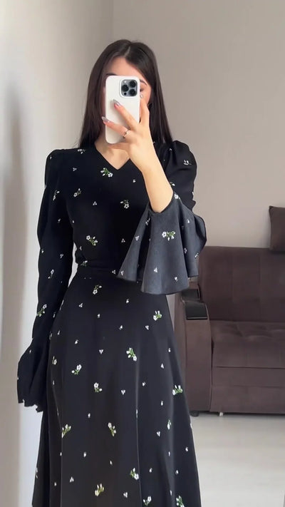 Elegant Dresses for Women Spring Summer New Printing Lotus Leaf Sleeve V Neck Dress Fashionable Slim Fit Women's Evening Dress