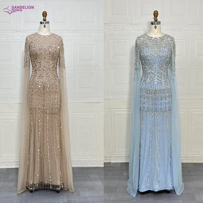Luxury Dubai Caramel Mermaid Arabic Evening Dresses 2025 with Cape Sleeves Beaded for Women Wedding Party