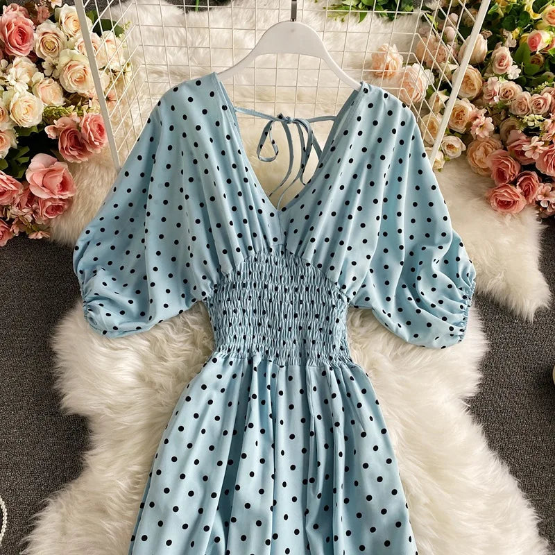 V Neck Sexy Dolman Sleeves Waist Slim Polka Dot Print Jumpsuit Women Wide Leg Trousers Jumpsuit