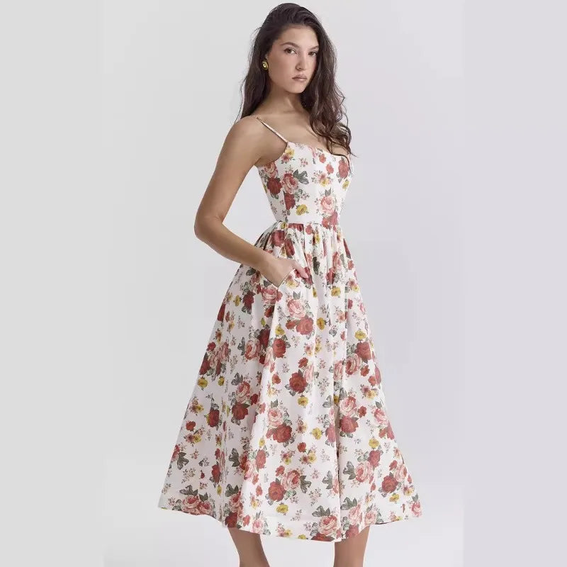 Elegant floral prints Dresses for summer women's dresses 2024 New Skinny Sexy Backless SLeeveless High Waist Maxi Sling Dress