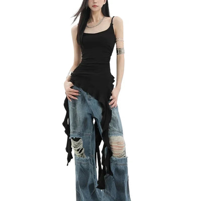 Deeptown Sexy Tank Top Asymmetrical Black Y2k Women Ruffle Grunge Backless Coquette Fashion Streetwear Tops Solid Aesthetics