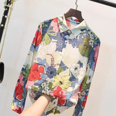 Spring Autumn Cotton Linen Casual Fashion Floral Print Shirt Ladies Loose All-match Sweet Blouse Femme Comfortable Top Women