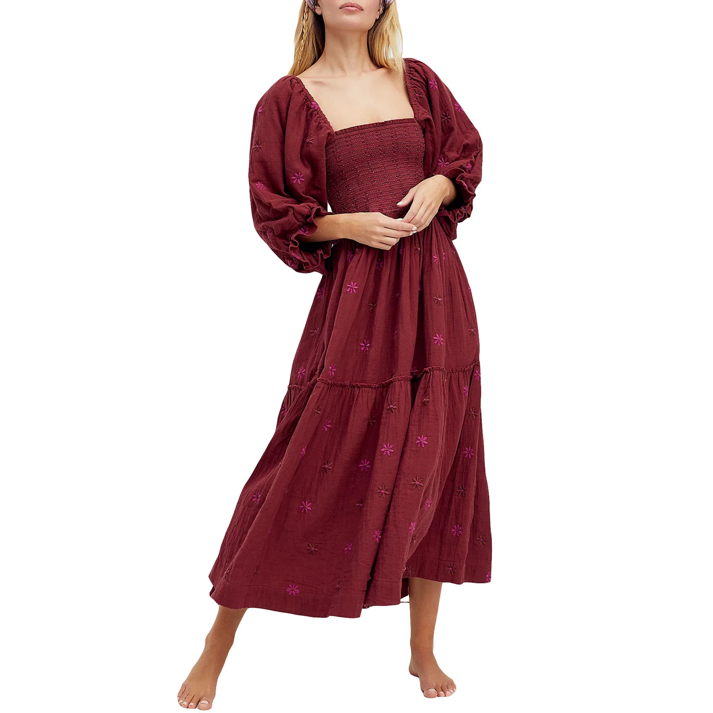 Women Summer Casual Long Dress 3D Embroidered Flowers Square Neck Puff Sleeve Dress Fashion Backless A-line Dress