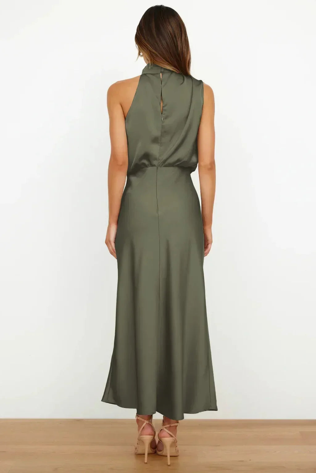 2025 Spring/Summer Long Dress for Women High Waist Halter Satin Sleeveless Dress Fashion Elegant Solid Evening Party Dresses