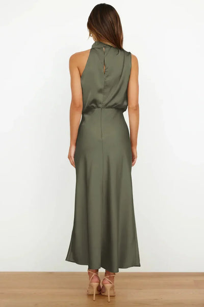 2025 Spring/Summer Long Dress for Women High Waist Halter Satin Sleeveless Dress Fashion Elegant Solid Evening Party Dresses