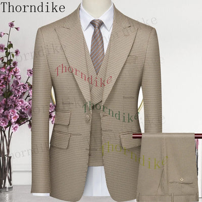 Thorndike Hot Sell Khaki Plaid Custom Made Classic Groom Tuxedo Groomsmen Best Man Suit Wedding Men's Blazer+Vest+Pants Costume