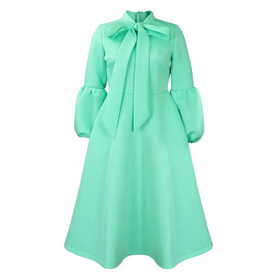 Elegant Dresses for Women Bow Collar Full Sleeve High Waisted Pleated Mid Calf Luxury Birthday Party Dinner Vestidos Mujer Dress