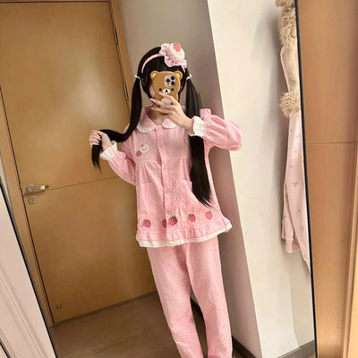 Spring Summer Women's Loungewear Cotton Yarn Pink Polka Dot Long-sleeved Top Fruit Print Sweet Short-sleeved Pajama Suit Female