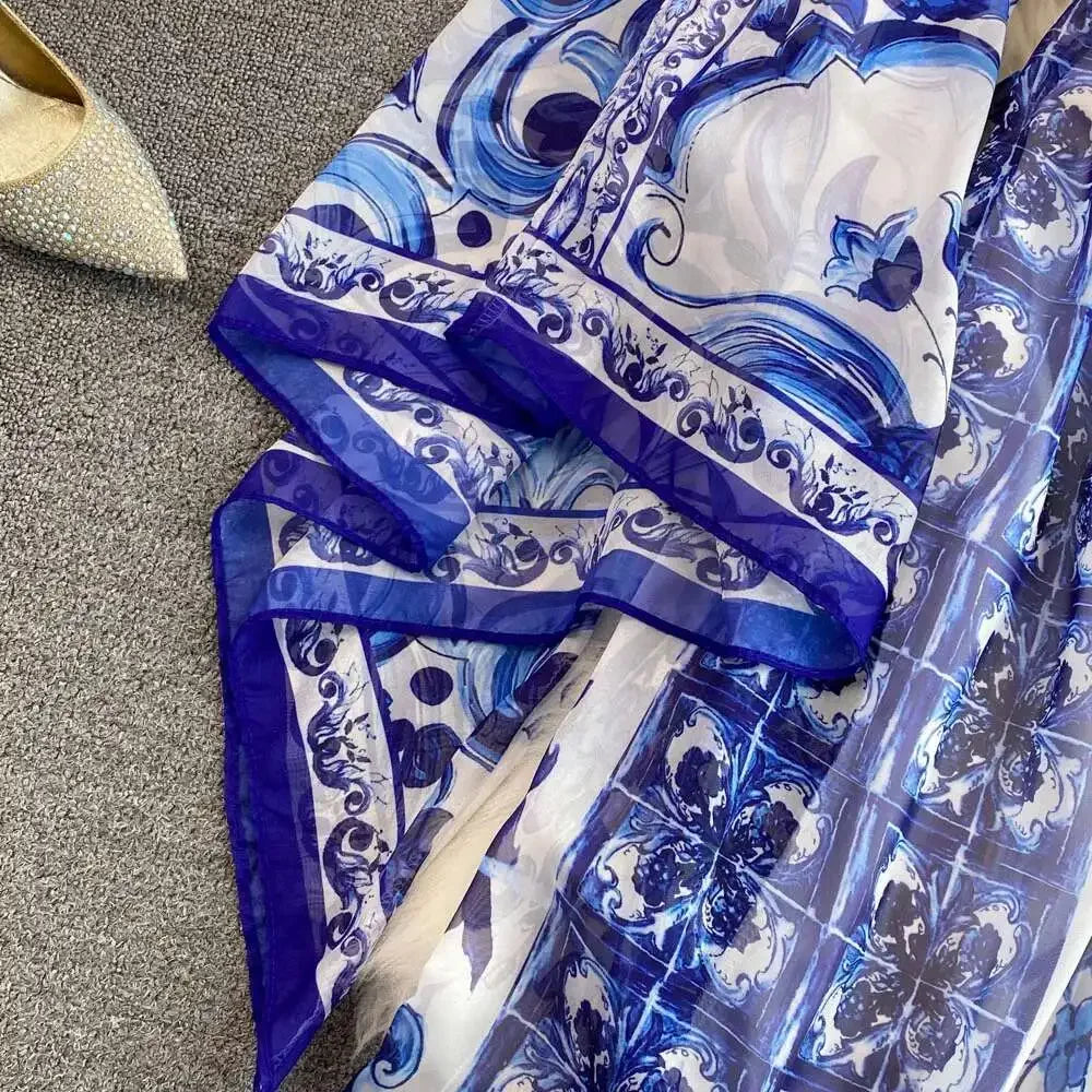 Women Maxi Chiffon Dress Summer Bohemian Rabbits Flower Porcelain Print Clothing Floor Length Flare Sleeve Long Vestidos