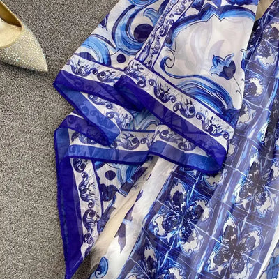 Women Maxi Chiffon Dress Summer Bohemian Rabbits Flower Porcelain Print Clothing Floor Length Flare Sleeve Long Vestidos
