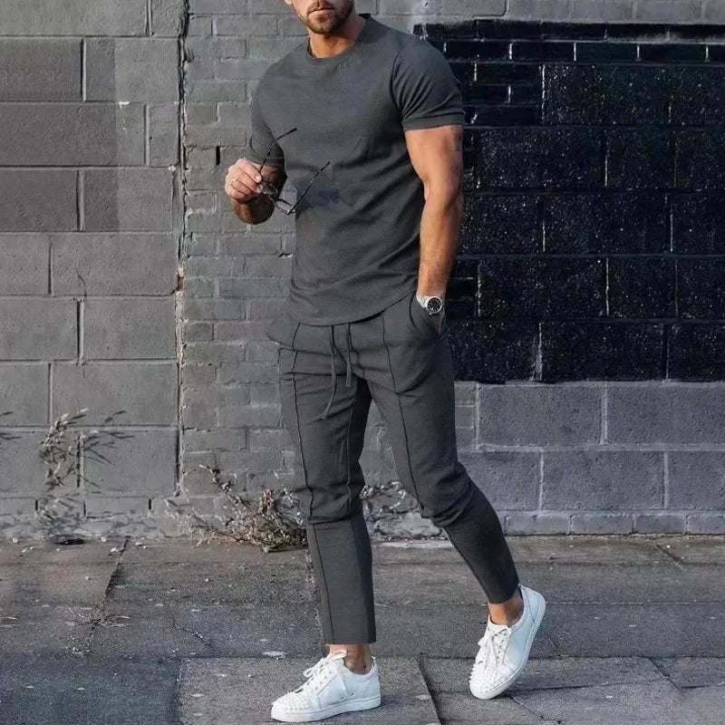 Mens Suit Summer Two-piece Suit Short-sleeved T-shirt Casual Fashion Trousers Sets for Men
