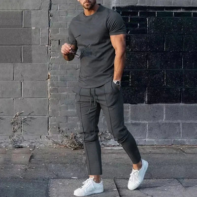 Mens Suit Summer Two-piece Suit Short-sleeved T-shirt Casual Fashion Trousers Sets for Men