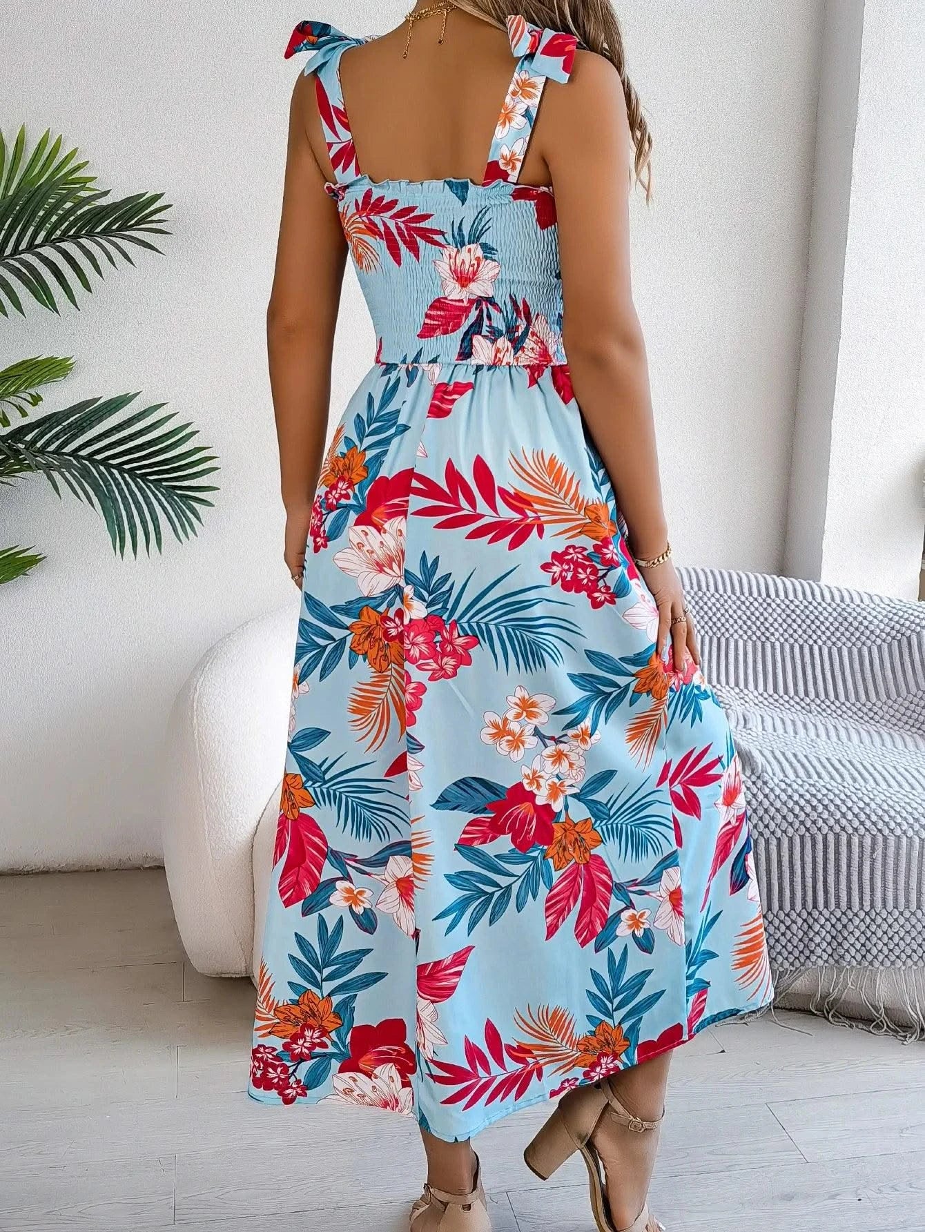 Spring Summer Floral Print Long Dress Lace up Sleeveless Vacation Dresses for Women
