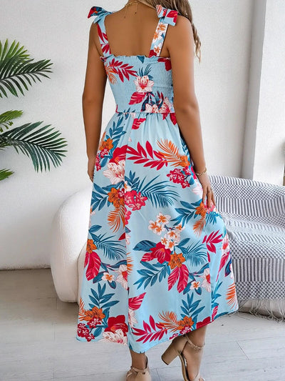 Spring Summer Floral Print Long Dress Lace up Sleeveless Vacation Dresses for Women
