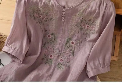 Cotton and Linen V-neck Embroidered Shirt for Women, Summer Thin Style Loose Medium Sleeves Small Shirt Top