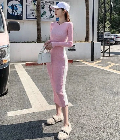 Pink Woman Dress Black Bodycon Maxi Knitted Robe Long Dresses for Women Evening Crochet Round Neck Clothes Sensual Sexy Hot Y2k