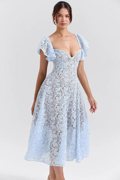 Elegant Flare Short Sleeve Flower Embroidery Long Prom Dresses Women Summer Holiday Low Cut Pleated Midi Evening Dress