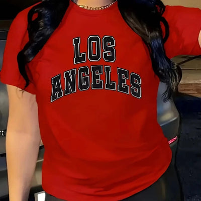 Women's red T-shirt LOS ANGELES Casual Round Neck short Sleeve Tops