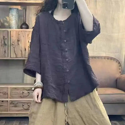 Literary Solid Cotton Linen Shirt 2025 Women Loose Casual Blouse Spring Summer Three Quarter Sleeve Raw Hem Hemp Top