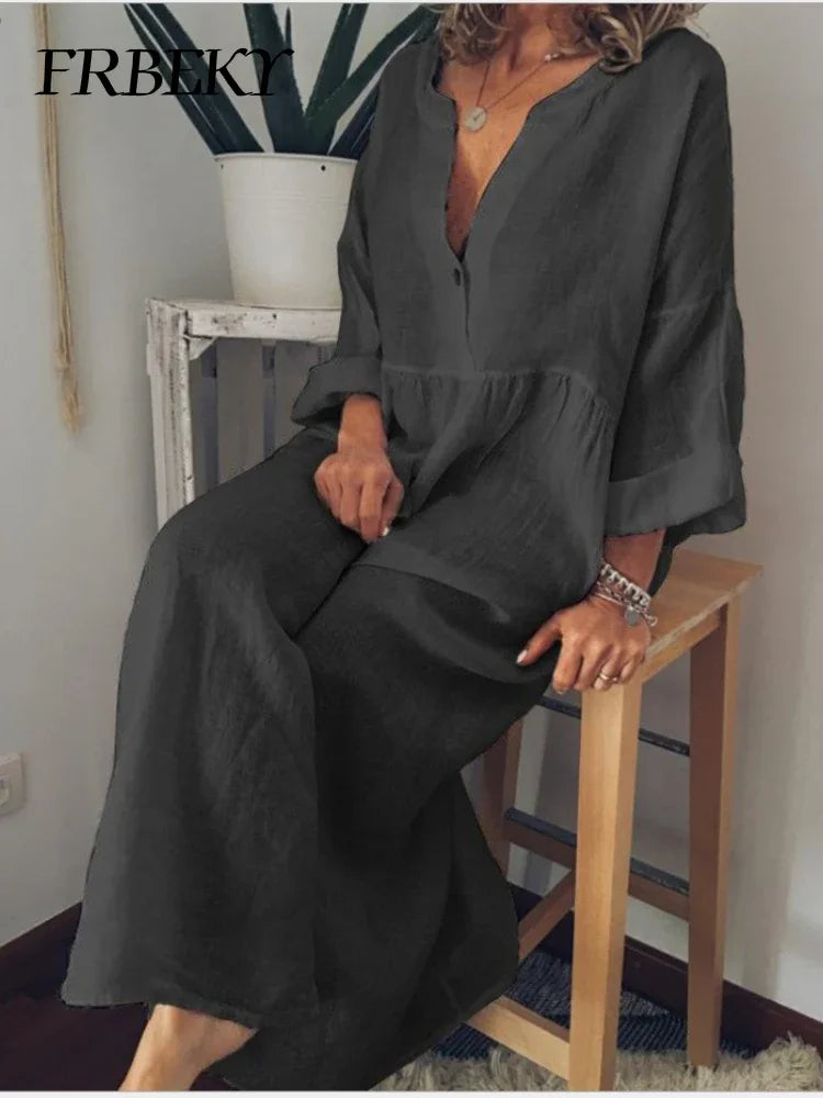 Women's Summer Dress New Long-sleeved V-neck Big Swing Dress Women Dresses for Women 2024 Casual Commuter Office Lady Vestidos