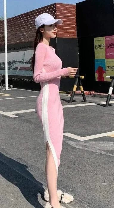 Pink Woman Dress Black Bodycon Maxi Knitted Robe Long Dresses for Women Evening Crochet Round Neck Clothes Sensual Sexy Hot Y2k