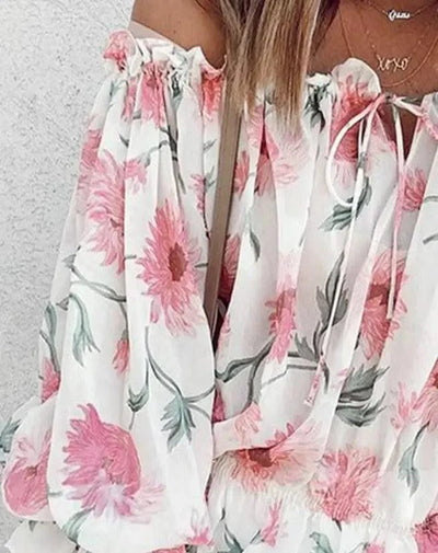 Women's Off Shoulder Chiffon Floral Print Balloon Sleeve Top