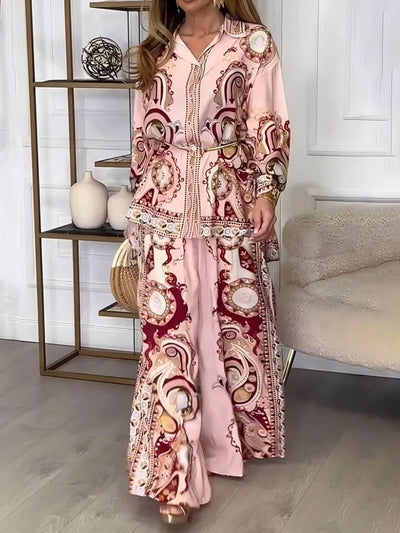 Wide Leg Pants Printing Patchwork 2PCS Outfit, Women Spring Summer Single-Breasted Fashion Sets, Turn-Down Collar Ladies Suits