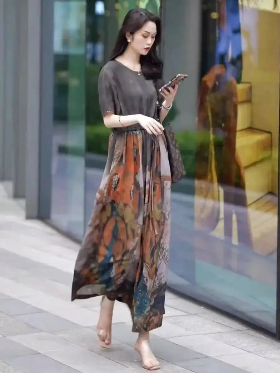 Fashionable Dress for Women 2025 Summer New Retro Drawstring Waist-hugging Long A-line Skirt
