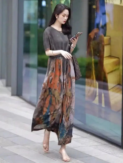 Fashionable Dress for Women 2025 Summer New Retro Drawstring Waist-hugging Long A-line Skirt