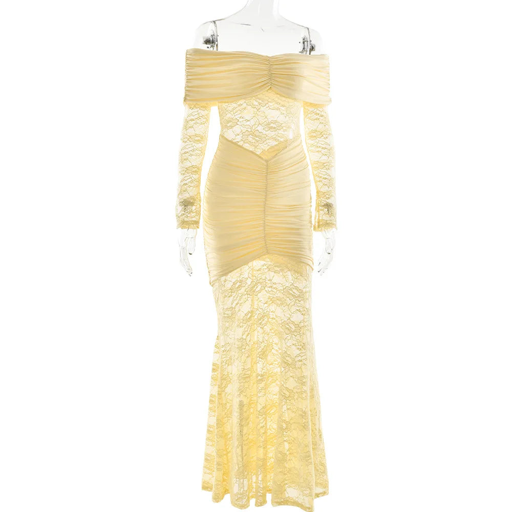 Woman Clothing Lace Patchwork Evening Dress 2025 Autumn Sexy Slash Neck Long Sleeve Folds Party Gown Lady Long Maxi Prom Dresses