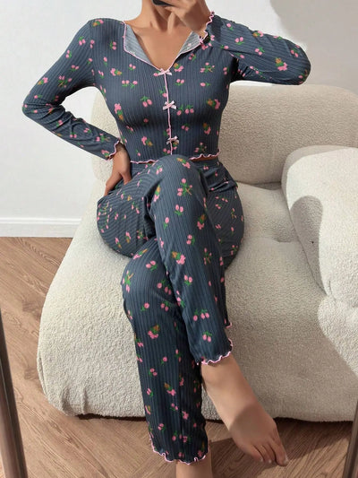 2PCS Loungewear Sleepwear Womens Lace Floral Printed Tops Pants Sets Nightwear Pajamas Lingeries Robes