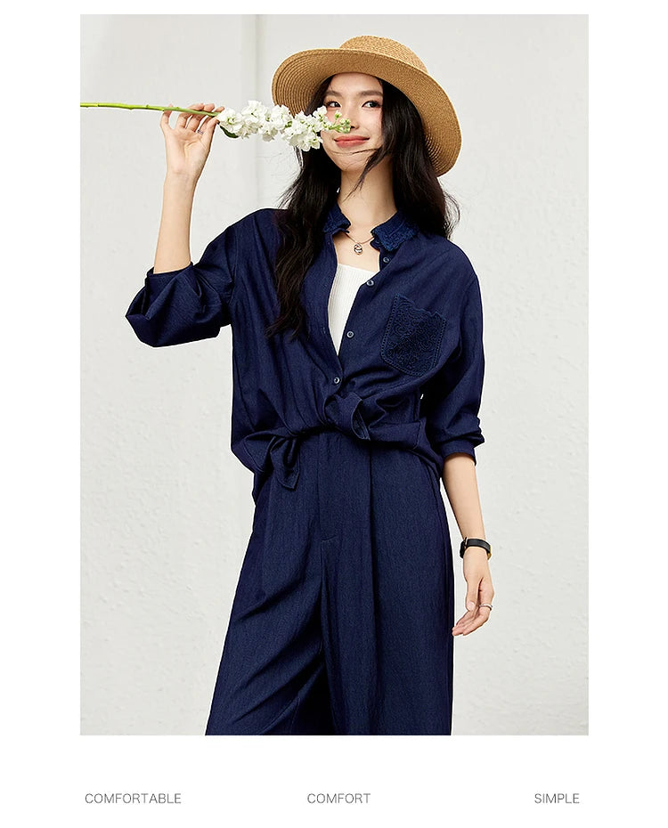 VIMLY Navy Blue Denim Suit Women's 2025 Autumn Outfits Vintage Lace Polo Collar Shirt Wide Legs Pants Ladies 2 Piece Sets A2526