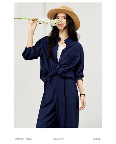 VIMLY Navy Blue Denim Suit Women's 2025 Autumn Outfits Vintage Lace Polo Collar Shirt Wide Legs Pants Ladies 2 Piece Sets A2526