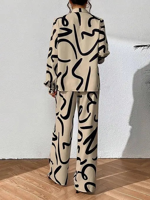 Women Clothing 2024 Autumn New Fashion Print Set Casual Button Collar Shirt Long Sleeved Wide Leg Pants Long Pants Two-piece Set