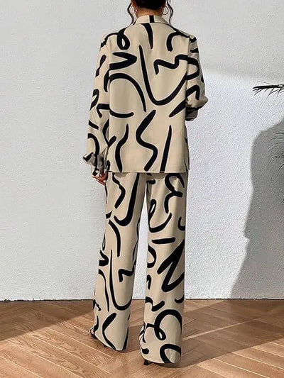 Women Clothing 2024 Autumn New Fashion Print Set Casual Button Collar Shirt Long Sleeved Wide Leg Pants Long Pants Two-piece Set