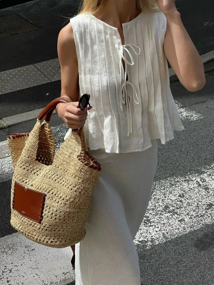 Fashion Bow Lace Up Shirts Women Cotton Linen Hollow Out Sleeveless Pleated Blouses Woman 2025 Summer New Casual Lady White Tops