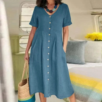 Women's Summer Casual Cotton Linen Midi Dress White  Loose Elegant Green Dresses Vestidos Платье С Декольте Jupe Longue Femme