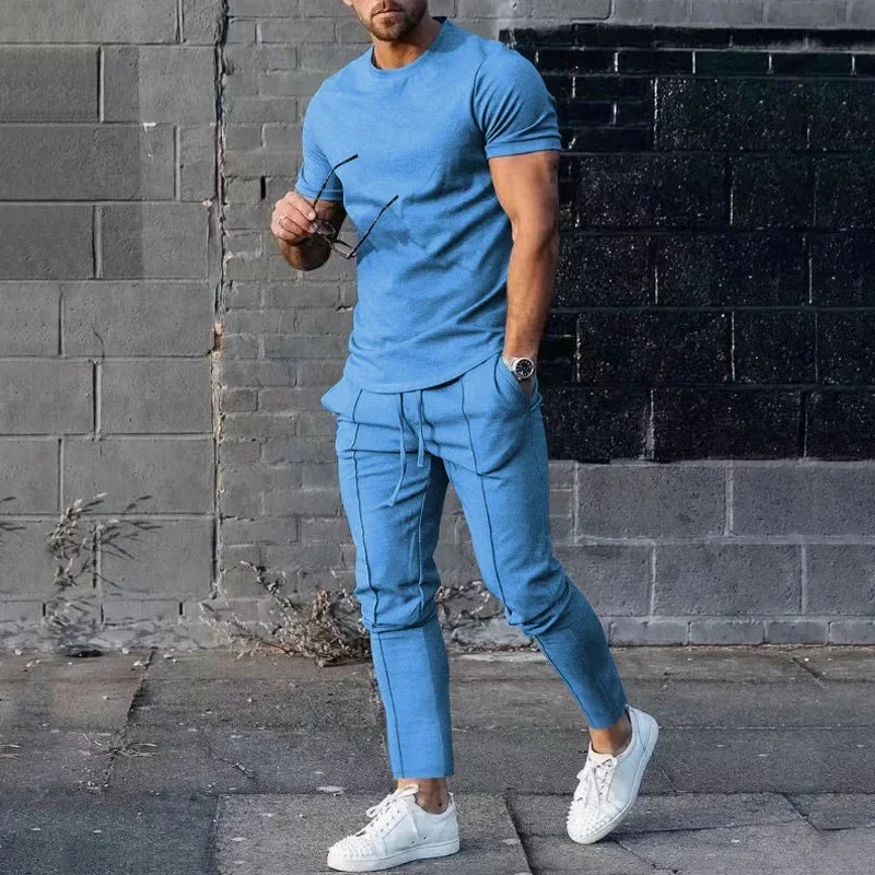 Mens Suit Summer Two-piece Suit Short-sleeved T-shirt Casual Fashion Trousers Sets for Men