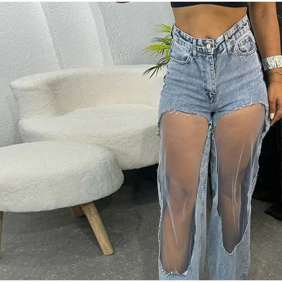 Women Fashion See Trough Jeans Y2k Pockets Pants Vintage Mesh Hollow Sheer High Waist Trousers Girls Straight Wide Leg Bottoms