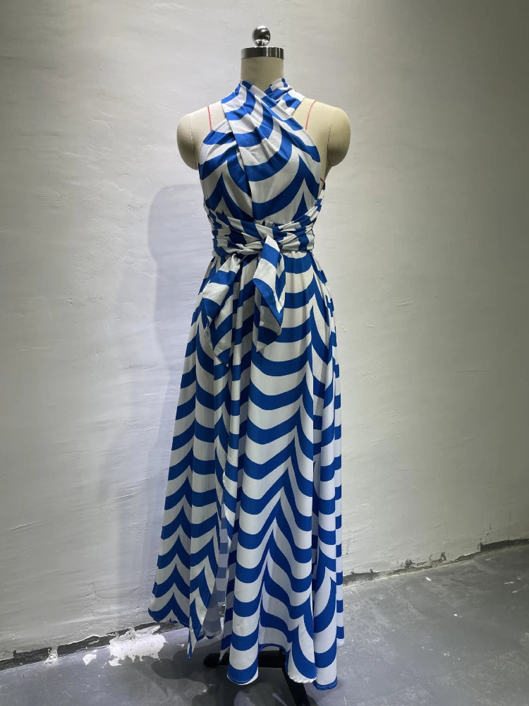 Women's Dress New Summer Printing Boho Robe Hanging Neck High Waist Split Sexy Dress Long Dresses Woman Clothing Party Dresses