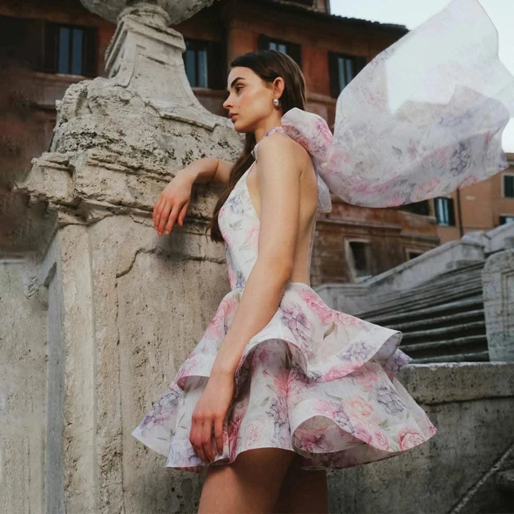 Elegant Floral Short Dress Summer Holiday Outfits Women Layered Party Dresses Sexy Halter Bow Lace-up Ruffled Hem Puffy Dress