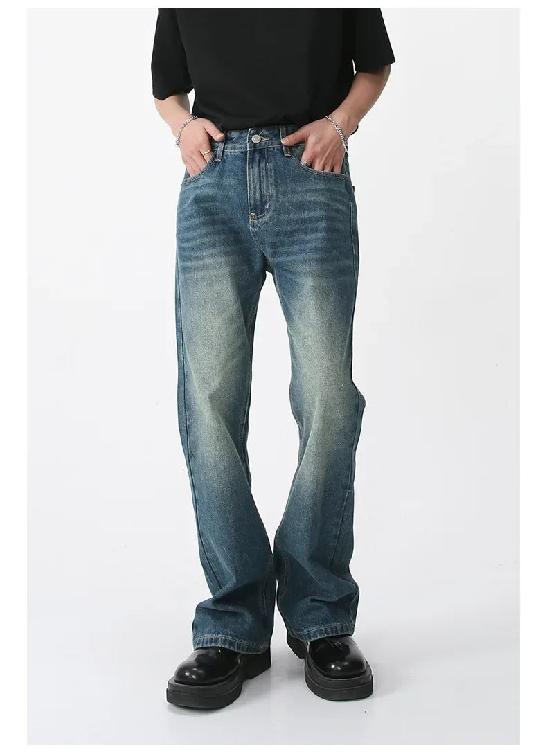 Jeans Denim Pants Men Long Flare Pant Straight Trousers High Waist Casual Regular Pockets Slim Fit Splice Simple Autumn 2024