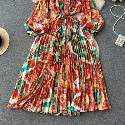 Retro Print Elegant Pleated Lantern Long Sleeve O Neck Single Breasted Dress A-line  Casual High Waist Women Summer Dresses