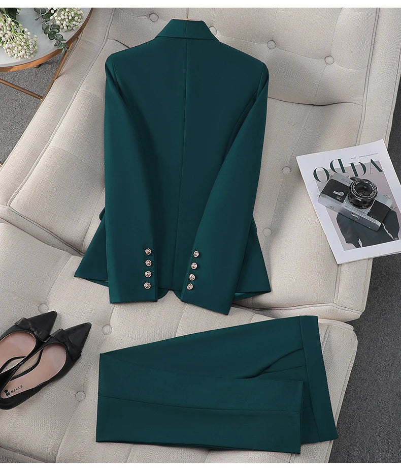 High Quality Suit Office Casual Two Piece Set Spring Autumn Women Double Breasted Blazers+Straight Zipper Trousers Women Outfit